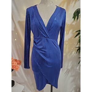 Symphony Vtg Y2K Mirror Sequin Sparkle Tulip Hem Faux Wrap Dress Size M Blue